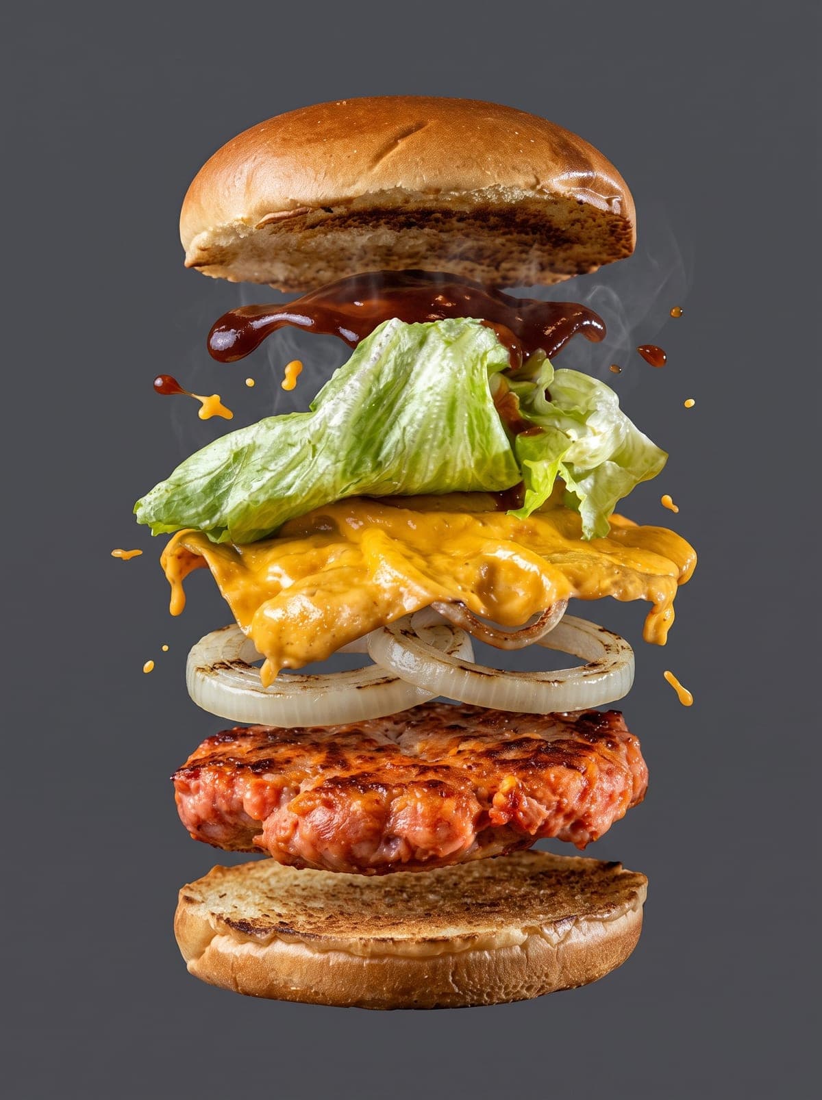 Ingredientes do Big Pig separados no ar: pão brioche, molho barbecue, alface, cheddar, cebola grelhada e hambúrguer de porco