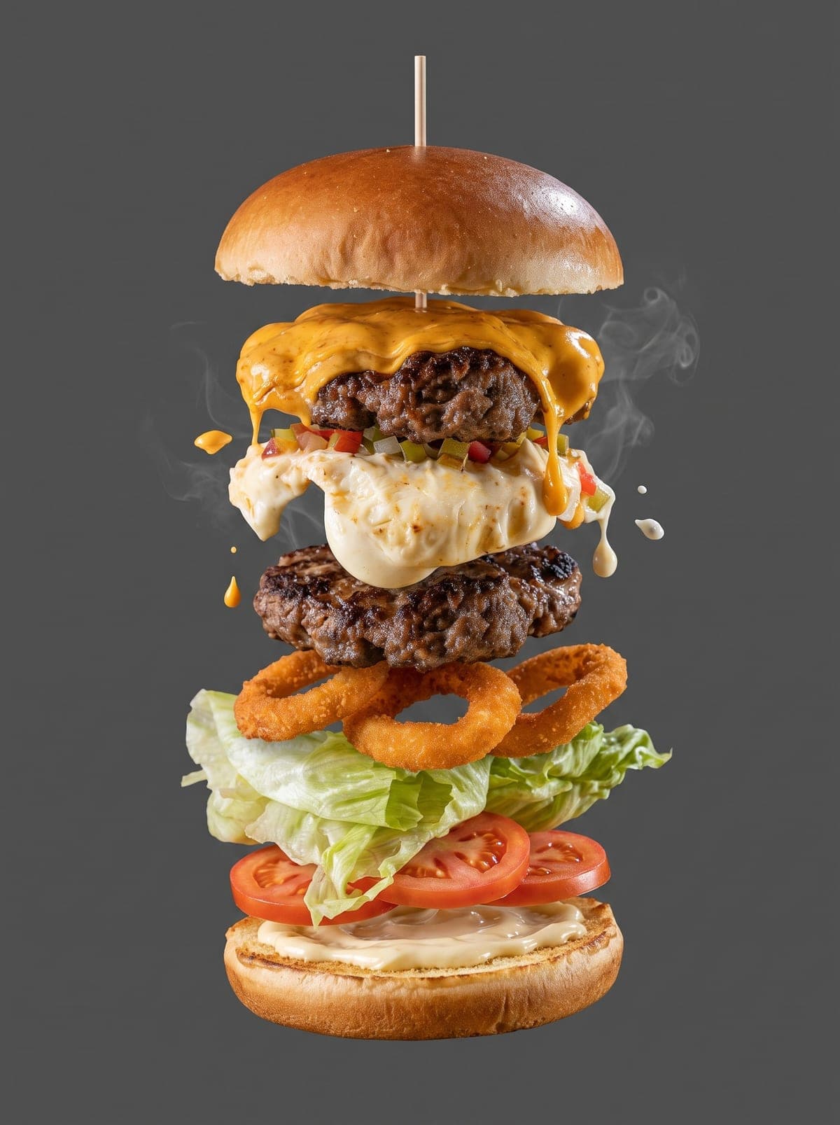 Ingredientes do C.Q. Sabe do Cheff separados no ar, com o molho de cheddar suspenso entre as camadas