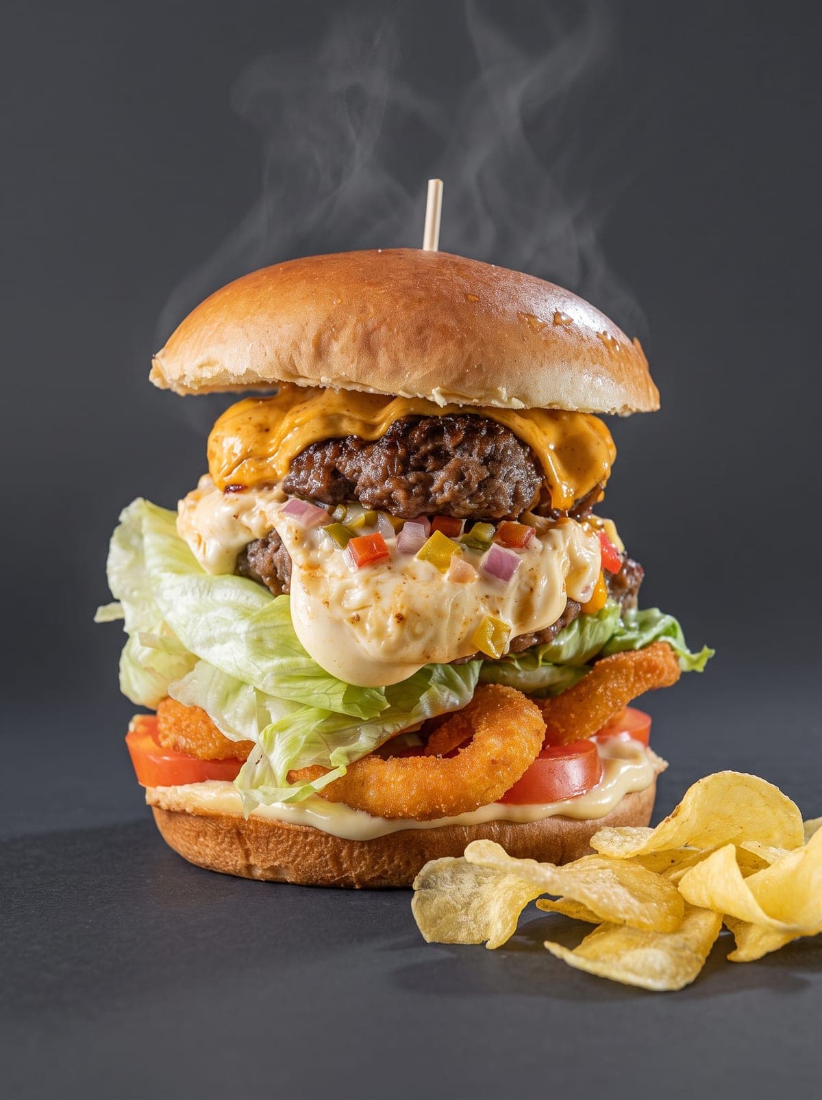 Hambúrguer C.Q. Sabe do Cheff montado, com molho de cheddar escorrendo pela lateral do pão