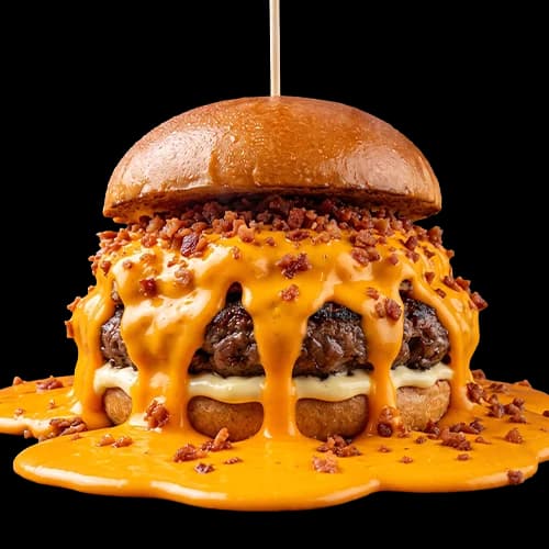 Lanche do Hexa montado, com seis camadas de carne e queijo